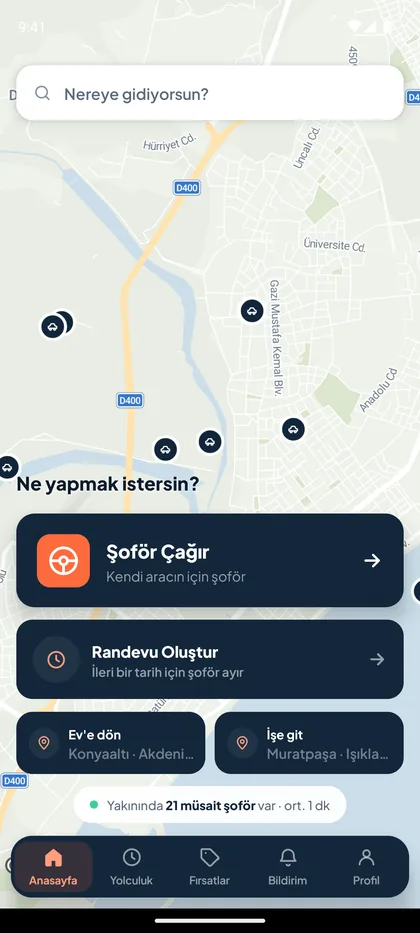Rota Yolda müşteri uygulamasının ana sayfası: haritada konum, Şoför Çağır ve Randevu Oluştur seçenekleri
